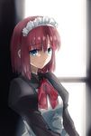  apron blue_eyes chiizu_ore commentary_request highres hisui light long_sleeves maid maid_headdress red_hair short_hair smile solo tsukihime type-moon window 