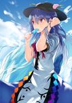  asuzemu blue_hair blue_skirt blue_sky bow clenched_hand cloud cowboy_shot day dress eyelashes food food_in_mouth fruit hair_blowing hand_in_hair hat hinanawi_tenshi holding layered_dress leaf long_hair looking_to_the_side peach popsicle puffy_short_sleeves puffy_sleeves red_bow red_eyes short_sleeves skirt sky solo sweat touhou 