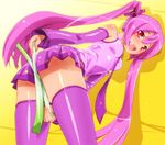  :d bare_shoulders blush breasts covering covering_crotch detached_sleeves food hatsune_miku holding holding_food leaning_forward long_hair looking_at_viewer looking_back mine_(peak) necktie open_mouth pink_hair red_eyes skirt small_breasts smile solo spring_onion thighhighs twintails very_long_hair vocaloid 