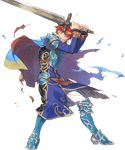  armor blue_eyes cape durandal_(fire_emblem) eliwood_(fire_emblem) fire_emblem fire_emblem:_rekka_no_ken fire_emblem_heroes full_body highres male_focus miyuu official_art red_hair smile solo standing sword torn_clothes transparent_background weapon 