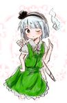  ;&lt; blue_eyes blush collared_shirt contrapposto head_tilt highres index_finger_raised konpaku_youmu konpaku_youmu_(ghost) kototoki shirt short_hair silver_hair sketch skirt skirt_set solo standing touhou v-shaped_eyebrows vest 