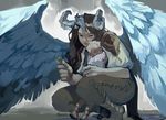  1girl brown_hair child commentary feathered_wings feathers flower harpy height_difference horns hug long_hair monster_girl no_pupils original rain squatting velocesmells wings 