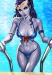  abs arm_tattoo armlet bikini blue_bikini breasts cameltoe cleavage collarbone cote_d'azur_widowmaker dandon_fuga earrings eyewear_on_head front-tie_bikini front-tie_top hair_slicked_back hoop_earrings jewelry looking_at_viewer medium_breasts nail_polish navel overwatch pool pool_ladder purple_hair purple_skin smile solo stomach sunglasses swimsuit tattoo thigh_gap toned water wet wet_hair widowmaker_(overwatch) yellow_background 