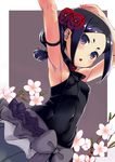 arm_strap armpits arms_up bangs black_hair black_shirt blush border breasts brown_background cherry_blossoms chestnut_mouth commentary_request covered_navel floral_background flower gigokku hair_flower hair_ornament highres hikimayu outside_border parted_bangs princess_principal purple_eyes shirt sleeveless sleeveless_shirt small_breasts solo thick_eyebrows toudou_chise triangle_mouth 
