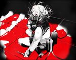  artist_name bangs barefoot blood blunt_bangs boku_no_hero_academia double_bun feet floor full_body knife long_sleeves looking_at_viewer lying mask monochrome noppo scarf school_uniform seiza serafuku sitting skirt soles solo toga_himiko 