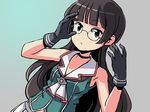  adjusting_eyewear adrian_ferrer alternate_breast_size bangs black_eyes black_gloves black_hair breasts choker choukai_(kantai_collection) cleavage dutch_angle glasses gloves kantai_collection long_hair pleated_skirt remodel_(kantai_collection) skirt small_breasts solo 