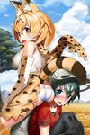  :d animal_ears ass bare_shoulders black_hair black_legwear blonde_hair blue_eyes blush bow bowtie butt_crack cloud commentary_request day elbow_gloves extra_ears frown gloves hair_between_eyes hat helmet kaban_(kemono_friends) kemono_friends leg_hug looking_at_viewer looking_back mountain multiple_girls open_mouth outdoors panties pantyhose pantyshot pith_helmet print_gloves print_neckwear red_shirt serval_(kemono_friends) serval_ears serval_print serval_tail shirt short_hair short_sleeves sitting_on_shoulder sky sleeveless smile sweat tail tanukimaso thighhighs tree underwear white_panties white_shirt yellow_eyes 