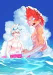  abs bakugou_katsuki bare_chest blue_sky boku_no_hero_academia clenched_hands cloud cloudy_sky collarbone day goggles goggles_on_head innertube kirishima_eijirou male_focus male_swimwear multiple_boys ocean open_mouth partially_submerged pectorals platinum_blonde_hair red_eyes red_hair sharp_teeth shirtless shoco_(sco_labo) signature sky snorkel spiked_hair swimwear teeth water 