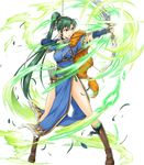  aiming armor arrow bangs bare_legs boots bow_(weapon) cape drawing_bow dress earrings elbow_gloves feathers fingerless_gloves fire_emblem fire_emblem:_rekka_no_ken fire_emblem_heroes full_body fur_cape gloves green_eyes green_hair hair_ornament highres holding holding_arrow holding_bow_(weapon) holding_weapon jewelry knee_boots long_hair lyndis_(fire_emblem) open_mouth outstretched_arm ponytail quiver short_sleeves side_slit solo standing transparent_background weapon yamada_koutarou 