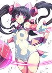  adapted_costume armpits black_hair collar commentary_request covered_navel elbow_gloves frown gloves gummyrise headpiece looking_at_viewer one-piece_swimsuit outstretched_arm pink_eyes pink_legwear school_swimsuit senki_zesshou_symphogear solo swimsuit thighhighs tsukuyomi_shirabe twintails water_drop white_school_swimsuit white_swimsuit yo-yo 