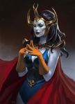  artist_name black_hair blue_skin bodysuit breasts cape cleavage fangs gem gloves large_breasts lipstick long_hair makeup masters_of_the_universe open_mouth realistic shokoti signature simon_eckert skull solo tiara upper_body 