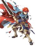  armor belt blue_armor blue_eyes broken_armor cape cosplay detached_sleeves durandal_(fire_emblem) eliwood_(fire_emblem) eliwood_(fire_emblem)_(cosplay) fire_emblem fire_emblem:_fuuin_no_tsurugi fire_emblem_heroes full_body headband highres holding holding_weapon long_sleeves looking_away male_focus official_art pants red_hair roy_(fire_emblem) scar solo sword torn_clothes transparent_background wada_sachiko weapon 