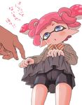  1girl :o absurdres bangs bike_shorts blue_eyes blunt_bangs blush bow bowtie cameltoe cardigan cowboy_shot domino_mask hands highres inkling long_sleeves mask open_mouth pink_hair pleated_skirt pointing pointy_ears short_twintails simple_background skirt skirt_lift solo_focus splatoon_(series) splatoon_2 striped striped_bow tentacle_hair translated twintails white_background yoshizawa_miyabi 