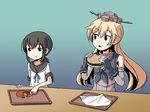  adrian_ferrer alternate_breast_size black_hair blonde_hair commentary eating elbow_gloves flat_chest food food_in_mouth french_fries front-tie_top fubuki_(kantai_collection) gloves gradient gradient_background hamburger headgear iowa_(kantai_collection) kantai_collection long_hair low_ponytail multicolored multicolored_clothes multicolored_gloves multiple_girls open_mouth remodel_(kantai_collection) school_uniform serafuku tray 