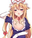  bangs blonde_hair blush bow breasts cleavage commentary_request elbow_gloves eyebrows_visible_through_hair gloves hair_between_eyes hair_bow hand_in_hair hand_up hat hat_ribbon highres karasusou_nano long_hair looking_at_viewer medium_breasts mob_cap neck_ribbon open_mouth purple_eyes red_bow red_ribbon ribbon short_sleeves sidelocks simple_background solo touhou upper_body white_background white_gloves white_hat yakumo_yukari 