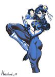  bracelet bun_cover china_dress chinese_clothes chun-li double_bun fighting_stance jun_sung_kwak leg_up muscle muscular_female pelvic_curtain sash spiked_bracelet spikes street_fighter thick_thighs 