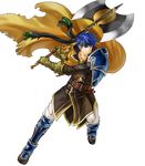  armor armored_boots axe battle_axe belt blue_eyes blue_hair boots cape collarbone cosplay elbow_gloves fire_emblem fire_emblem:_souen_no_kiseki fire_emblem_heroes full_body gloves greil greil_(cosplay) headband highres holding holding_weapon ike kita_senri looking_away male_focus official_art serious shoulder_armor solo transparent_background weapon 