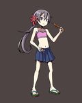  adrian_ferrer akebono_(kantai_collection) bikini choker collarbone flat_chest flip-flops flower food full_body hair_flower hair_ornament kantai_collection long_hair navel pink_bikini pleated_skirt purple_eyes purple_hair sandals side_ponytail skewer skirt solo swimsuit 