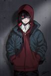  alternate_hair_color black_hair boku_no_hero_academia closed_mouth hair_over_one_eye hood jacket kirishima_eijirou looking_at_viewer male_focus open_clothes open_jacket red_eyes shoco_(sco_labo) signature solo wall younger zipper 
