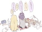  bafarin bag black_legwear blonde_hair bow chopsticks clock commentary_request cushion eighth_note from_behind gabriel_dropout grey_hoodie grey_jacket headphones holding holding_phone hood hooded_jacket indian_style indoors jacket kneehighs long_hair long_sleeves messy_room multiple_girls music musical_note on_floor phone purple_eyes sack shopping_bag short_hair short_ponytail simple_background sitting skirt speech_bubble table tenma_gabriel_white tissue tissue_box translated trash tsukinose_vignette_april very_long_hair wariza white_background 