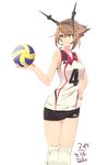  alternate_costume brown_hair commentary_request green_eyes headpiece kantai_collection knee_pads mutsu_(kantai_collection) raki_(kuroe) short_hair sleeveless smile sportswear volleyball volleyball_uniform 