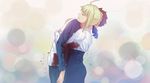  1girl ahoge artoria_pendragon_(all) bangs blonde_hair blood bloody_clothes blouse blue_pants blue_skirt blurry blurry_background closed_eyes closed_mouth commentary_request emiya_shirou facing_away fate/stay_night fate_(series) fateline_alpha from_side hug leaning_on_person long_sleeves pants profile red_hair saber sidelocks skirt standing white_blouse 