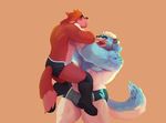  2017 anthro asphyxiation biceps blue_fur boots boxers_(clothing) canine choking clothing digital_media_(artwork) duo eye_roll fluffy fluffy_tail footwear fur grin holding_character looking_at_another male mammal merfiller multicolored_fur muscular neck_grab nipples open_mouth pecs red_fur scar simple_background size_difference smile standing strangling sweat teeth two_tone_fur underwear wolf wrestling 