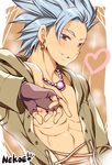  artist_name black_gloves blue_hair camus_(dq11) dragon_quest dragon_quest_xi fingerless_gloves gloves heart looking_at_viewer male_focus nipples parted_lips sakuraprin smile solo spiked_hair sweat upper_body 