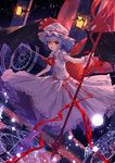  ascot bangs bat bat_wings blue_hair bobby_socks brooch eyebrows_visible_through_hair full_body hair_between_eyes hat hat_ribbon highres holding holding_weapon jewelry lo-ta looking_at_viewer magic_circle mob_cap night night_sky pink_skirt polearm red_eyes red_ribbon remilia_scarlet ribbon shoes short_hair short_sleeves skirt skirt_set sky socks solo spear spear_the_gungnir touhou weapon wings wrist_cuffs 