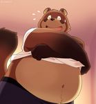  2017 anthro bear belly big_belly blush clothed clothing digital_media_(artwork) english_text fluffy fluffy_tail front_view happy hi_res inside kemono looking_at_viewer low-angle_view male mammal navel one_eye_closed open_mouth overweight overweight_male panda red_panda standing sweat sweatdrop text tongue underwear undressing wink zuppu11 