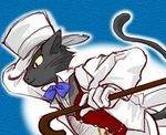  black_fur bow_tie cane cat clothing dashing feline fur gentleman hat male mammal proper simple_background smile top_hat vest 