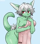  2017 3_fingers anthro back_tuft big_breasts biped blue_background breasts digital_drawing_(artwork) digital_media_(artwork) dragon featureless_crotch female front_view fur furred_dragon green_body green_nipples grey_fur grey_hair hair holding_towel humanoid_hands japanese kemono leaning leaning_forward long_tail looking_away messy_hair naked_towel nipple_slip nipples non-mammal_breasts paprika_cake pinup portrait pose red_eyes short_hair simple_background smile solo standing three-quarter_portrait towel watermark 