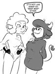  :3 anthro beep_beep_i&#039;m_a_sheep black_and_white blush bovine breasts caprine cattle duo english_text female hair hands_on_hips horn leggy_lamb mammal monochrome sheep sheep_wrecked smaggthesmug smile speech_bubble text 