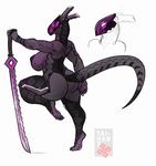  anthro balance big_breasts big_butt blush breasts butt conditional_dnp cyber_dragon cybernetics cyborg dragon dragonmelee_weapon female holding_object holding_weapon kayla_(phoenix777) machine mask mecha melee_weapon muscular muscular_female no_pupils nude sword taihab thick_thighs weapon 