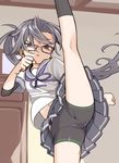  amagiri_(kantai_collection) axe_kick bike_shorts commentary_request glasses grey_eyes grey_hair hair_between_eyes high_kick kantai_collection kicking kneepits leg_lift long_hair looking_at_viewer monaka_ooji pleated_skirt ponytail school_uniform serafuku skirt split spread_legs standing standing_on_one_leg standing_split 