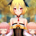  black_ribbon blonde_hair blush breasts brown_hair cleavage closed_eyes collarbone detached_sleeves eyebrows_visible_through_hair felt_(re:zero) hair_between_eyes hair_ribbon jewelry looking_at_viewer multiple_girls necklace parted_lips pink_hair rangsiwut_sangwatsharakul re:zero_kara_hajimeru_isekai_seikatsu red_eyes ribbon short_hair small_breasts solo_focus strapless 