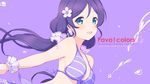  6u_(eternal_land) :d bikini blush breasts green_eyes halterneck highres large_breasts long_hair looking_at_viewer love_live! love_live!_school_idol_project low_twintails non-web_source open_mouth purple_hair simple_background smile solo splashing swimsuit text_focus toujou_nozomi twintails wallpaper 