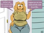  building canine clothed clothing confusion dog dogmom doorway female house mammal mature_female savagelyrandom slightly_chubby solo tagme textbox thick_thighs 