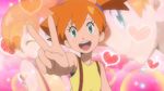  1girl green_eyes hearts kasumi_(pokemon) open_mouth orange_hair pink_background pokemon pokemon_(anime) pokemon_sm_(anime) ponytail suspenders undershirt v_sign yellow_shirt 