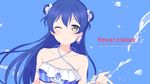  6u_(eternal_land) bikini blue_hair blush breasts grin halterneck highres long_hair looking_at_viewer love_live! love_live!_school_idol_project non-web_source one_eye_closed simple_background small_breasts smile solo sonoda_umi splashing swimsuit text_focus wallpaper yellow_eyes 