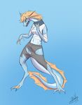  anthro aquatic_dragon blonde_hair blue_eyes claws clothing dragon female fin hair human mammal open_mouth scalie simple_background solo surprise swimming thatweirdguyjosh torn_clothing transformation water webbed webbed_feet webbed_hands 
