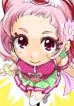  1girl aura bare_shoulders blush commentary cure_yell earrings eyelashes flower forehead from_above hair_flower hair_ornament hair_ribbon heart hugtto!_precure jewelry lipstick long_hair looking_at_viewer looking_up magical_girl makeup naruse_yasuhiro navel nono_hana pink_eyes pink_hair precure ribbon scrunchie shoes skirt sleeveless smile solo thighhighs wrist_scrunchie 