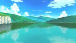  blue_sky cliff cloud commentary_request day forest lake mountain nature no_humans outdoors reflection scenery sky water_surface 