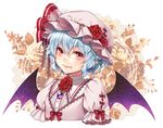  1girl bat_wings blue_hair brooch closed_mouth fang_out flower hat hat_flower hat_ribbon highres jewelry kuronohana looking_at_viewer mob_cap pink_hat pointy_ears portrait puffy_short_sleeves puffy_sleeves red_eyes red_ribbon red_rose remilia_scarlet ribbon rose short_hair short_sleeves slit_pupils solo touhou white_background wings 