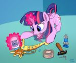 2017 crown cutie_mark docwario duct_tape equine feathered_wings feathers female feral friendship_is_magic glue hair hammer horn inside magic mammal multicolored_hair my_little_pony purple_feathers solo tape tools twilight_sparkle_(mlp) winged_unicorn wings 