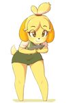  animal_crossing brown_eyes canine clipboard clothing dog female full_body happy isabelle_(animal_crossing) leaning leaning_forward mammal nintendo shirt simple_background skirt smile spikedmauler standing vest video_games 