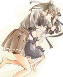  brown_hair camouflage closed_eyes commentary_request green_hair grey_hair hair_between_eyes hair_ribbon hakama_skirt hip_vent holding holding_ribbon japanese_clothes kaga_(kantai_collection) kantai_collection kimono long_hair lying multiple_girls on_side panties remodel_(kantai_collection) ribbon side-tie_panties side_ponytail simple_background sleeping sora_(sky_s04) underwear white_ribbon younger zuikaku_(kantai_collection) 