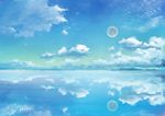 cloud cloudy_sky commentary_request day hachiya_shohei highres moon no_humans ocean original outdoors reflection scenery seascape signature sky water_surface 
