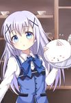  blue_bow blue_eyes blue_neckwear blush bow bowtie bunny dress_shirt eyebrows_visible_through_hair gochuumon_wa_usagi_desu_ka? hair_between_eyes indoors kafuu_chino long_hair rabbit_house_uniform shirt silver_hair standing sunameri_(pixiv3564245) tippy_(gochiusa) upper_body very_long_hair white_shirt 