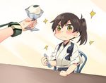  :&lt; blush brown_eyes brown_hair chair clenched_hand closed_mouth commentary_request dessert food holding holding_spoon ice_cream ice_cream_spoon japanese_clothes kaga_(kantai_collection) kantai_collection kimono long_hair side_ponytail simple_background single_scoop solo_focus sora_(sky_s04) sparkle sparkling_eyes spoon sweatdrop table tasuki zuikaku_(kantai_collection) 